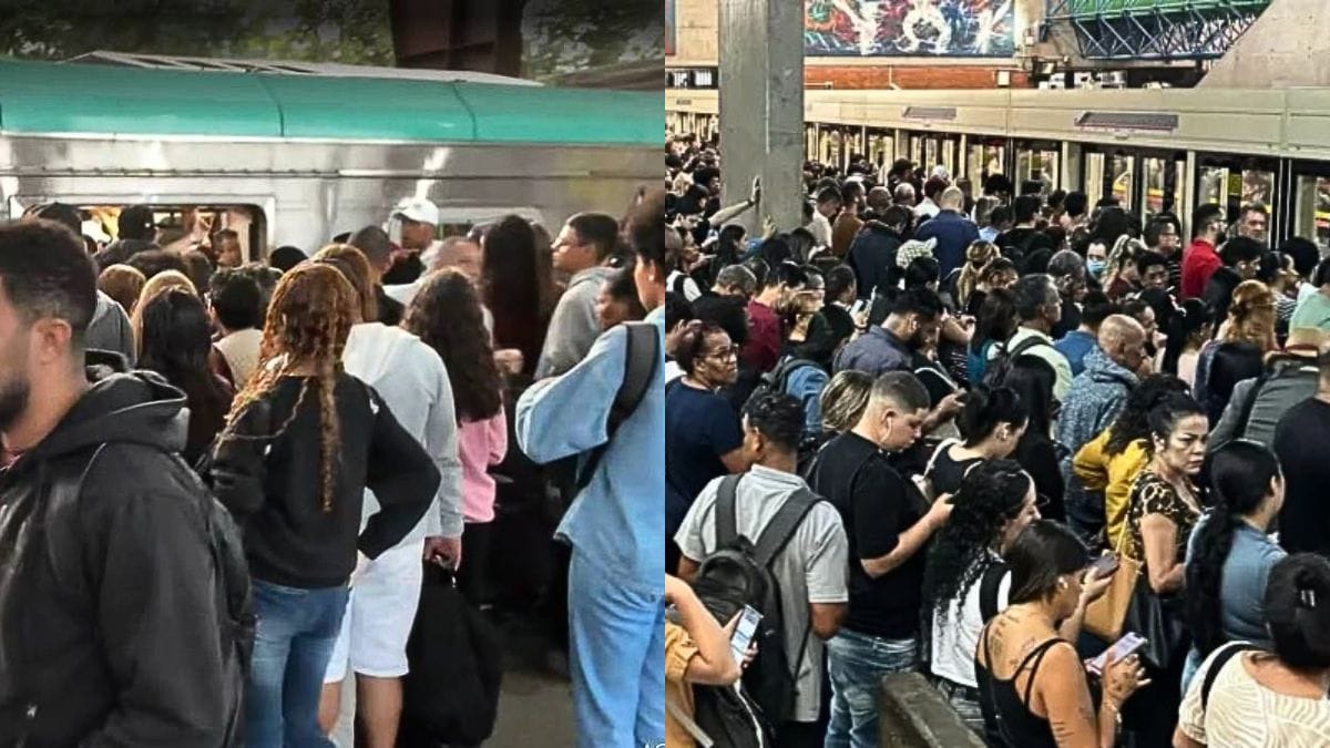 Imagem dividida ao meio mostrando duas cenas de forte superlotação no transporte público de São Paulo. Do lado esquerdo, uma multidão se espreme em uma plataforma aberta ao lado de um trem de passageiros cinza com detalhes verdes. Do lado direito, uma plataforma de estação subterrânea está completamente lotada de pessoas esperando em frente às portas de vidro da plataforma