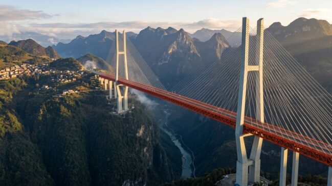 Com 310 metros de altura, o equivalente a um prédio de 100 andares, a Fenglai Daxi River Grand Bridge, na China, já nasce quebrando recordes mundiais e desafiando os limites humanos. (Foto: Reprodução IA)