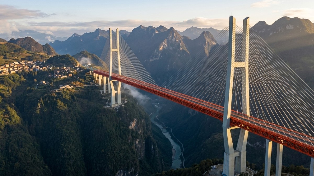 Com 310 metros de altura, o equivalente a um prédio de 100 andares, a Fenglai Daxi River Grand Bridge, na China, já nasce quebrando recordes mundiais e desafiando os limites humanos. (Foto: Reprodução IA)