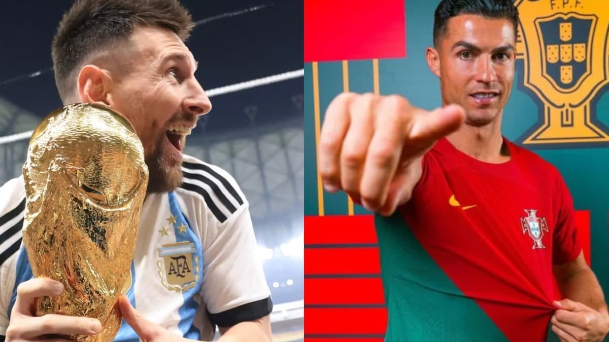 Lionel Messi com a camisa da Argentina e Cristiano Ronaldo com a camisa de Portugal