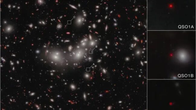 Imagem da NIRCam do Telescópio James Webb que mostra Abell2744-QSO1 ampliado pelo aglomerado de galáxias Abell 2744 (Foto: Divulgação/NASA/ESA)