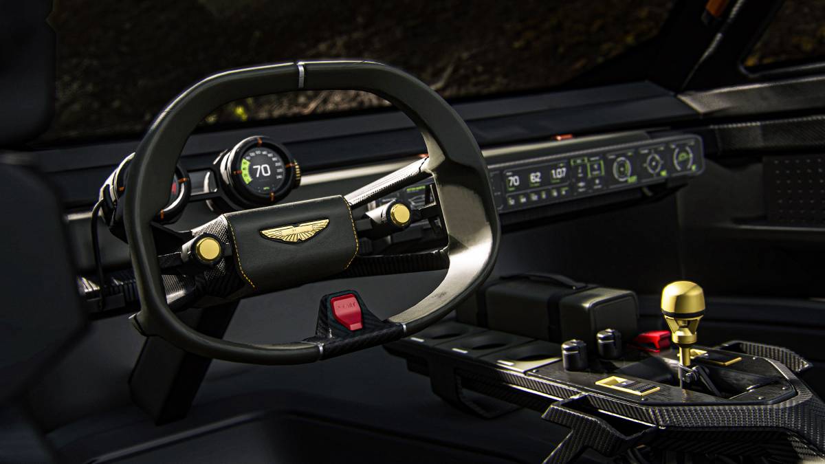 Detalhe do volante e painel do Aston Martin Dreadnought desenvolvido para o jogo Call of Duty