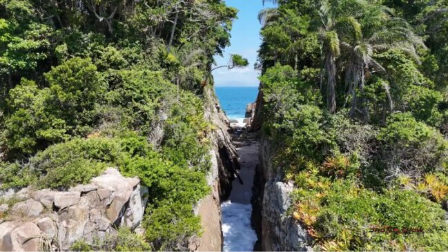 Pequena faixa de areia em uma ilha de Ubatuba pode entrar para o Guinness Book, mas ainda precisa passar por medição oficial (Foto: Reprodução/Youtube/@droneshow)