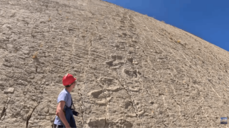 Na Bolívia, milhares de pegadas fossilizadas estão preservadas em um paredão inclinado (Foto: Reprodução/Youtube/@paradiseonabudget)