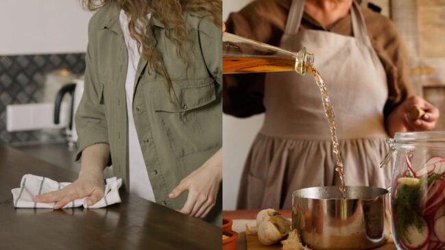 Com acidez maior, a versão para faxina elimina gorduras pesadas, mas exige atenção nas superfícies e deve passar longe do prato de comida (Fotos: cottonbro studio e hello aesthe/Pexels)