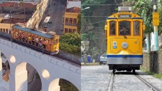 Bonde de Santa Teresa RJ (Fotos Reprodução Instagram@betour_rj e Henrique FreireWikimedia Commons)