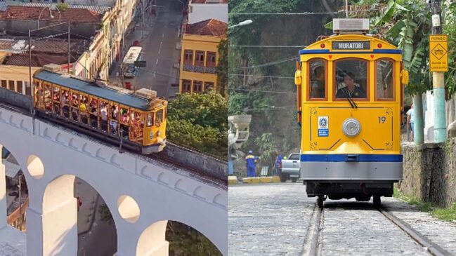 Bonde de Santa Teresa RJ (Fotos Reprodução Instagram@betour_rj e Henrique FreireWikimedia Commons)