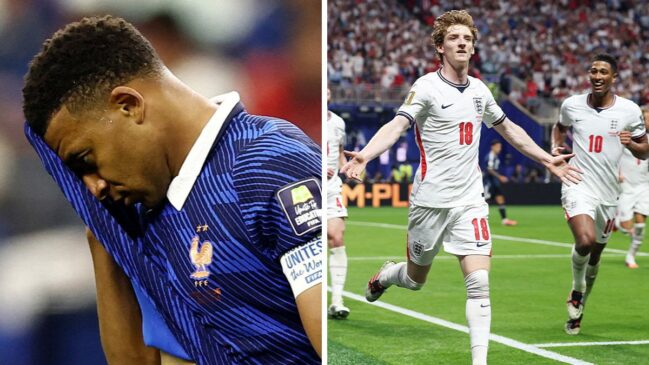 Montagem com Mbappé da França e Gordon da Inglaterra