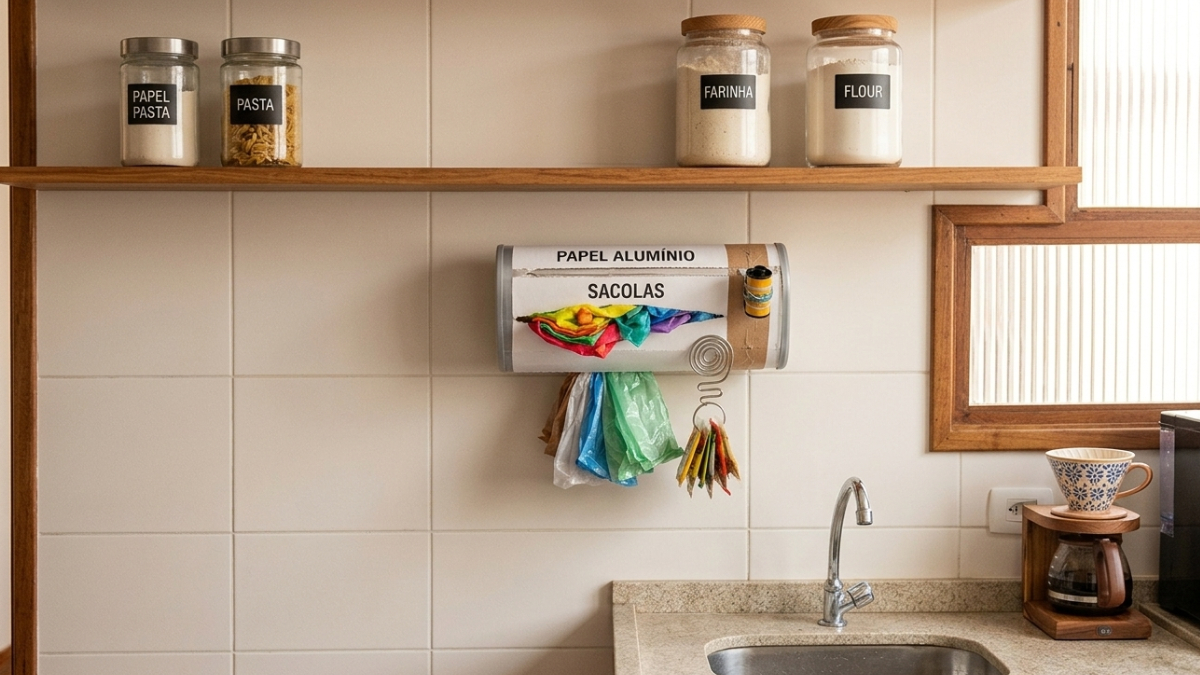 Sacolas plásticas organizadas e menos desperdício: tudo com um item que normalmente iria para o lixo (Foto: Imagem gerada por IA)