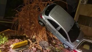 Fotografia noturna de um carro hatch de cor prata em posição quase vertical, suspenso no ar pelas raízes expostas de uma árvore de grande porte que foi totalmente arrancada do solo. O grande torrão de raízes e terra vermelha destruiu o pavimento ao lado do portão de uma residência. No canto inferior direito, é possível ver a traseira de outro veículo estacionado.