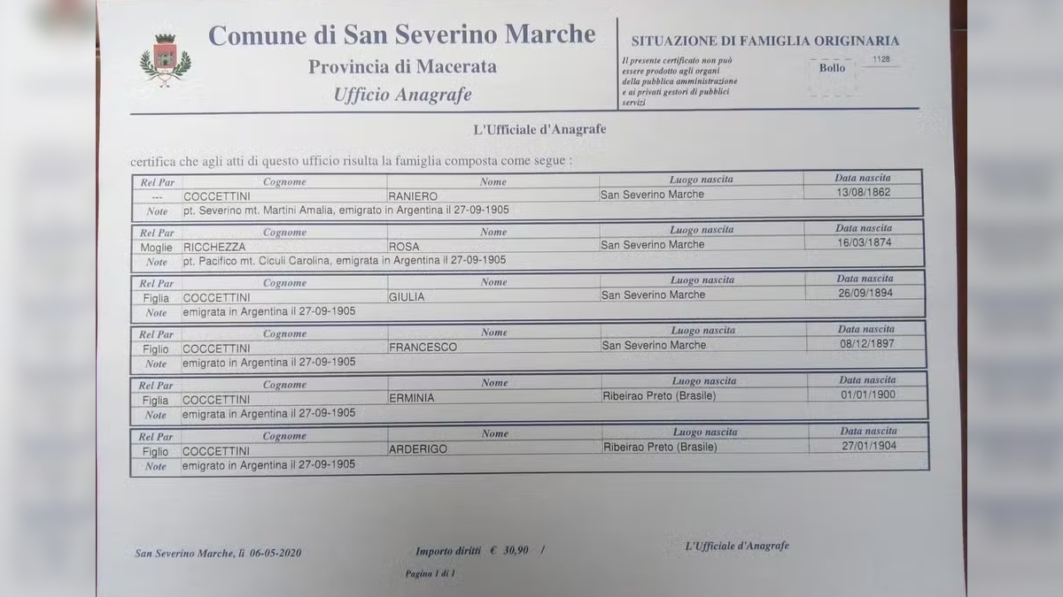 Registro de San Severino Marche com a linhagem do tataravô de Messi (Raniero) e do bisavô (Arderigo)/Acervo Pessoal