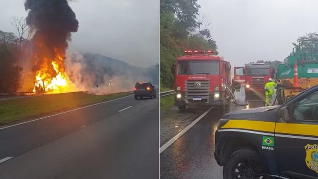 Imagem montada em duas partes mostrando um acidente com incêndio em rodovia. Do lado esquerdo, uma carreta pega fogo no acostamento, gerando chamas intensas e uma alta coluna de fumaça preta que sobe ao céu sob tempo nublado, enquanto um carro passeio passa ao lado. Do lado direito, em plano fechado na pista bloqueada, veem-se caminhões do Corpo de Bombeiros com luzes de emergência ligadas, bombeiros atuando e, em primeiro plano, a lateral de uma viatura da Polícia Rodoviária Federal (PRF)