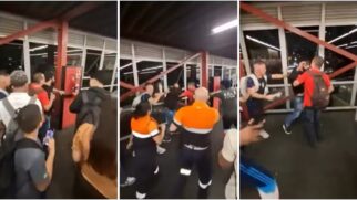 Composição com três quadros verticais capturados de um vídeo que mostra uma briga e confusão no mezanino de uma estação de trem.
