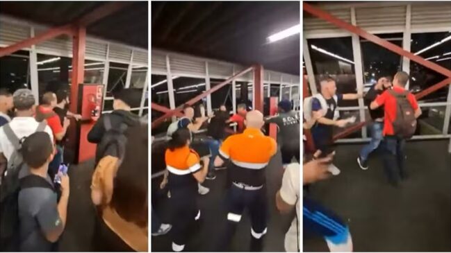 Composição com três quadros verticais capturados de um vídeo que mostra uma briga e confusão no mezanino de uma estação de trem.
