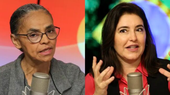 Imagem dividida em duas partes (composição lado a lado) com retratos das ministras do Governo Federal. À esquerda, a ministra do Meio Ambiente, Marina Silva, de cabelos presos, óculos de armação escura e casaco cinza, falando em direção a um microfone prateado de estúdio. À direita, a ministra do Planejamento, Simone Tebet, de cabelos castanhos curtos, camisa rosa e colete escuro, gesticulando com as duas mãos abertas enquanto fala ao microfone.