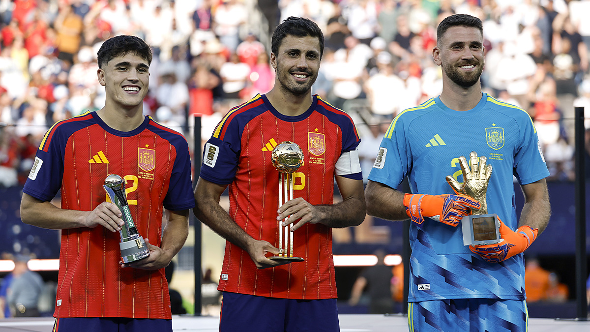 Entrega do prêmio de melhor jogador jovem para Pau Cubarsí, de melhor jogador para Rodri e de melhor goleiro para Unai Simón da Espanha sendo premiados