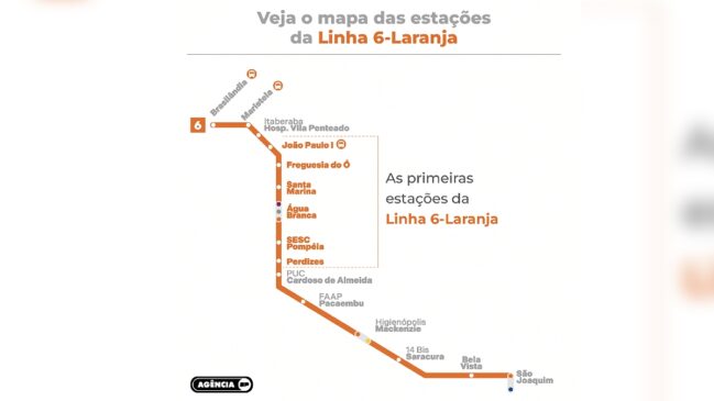 Mapa das primeiras estações em funcionamento da Linha 6-Laranja do Metrô
