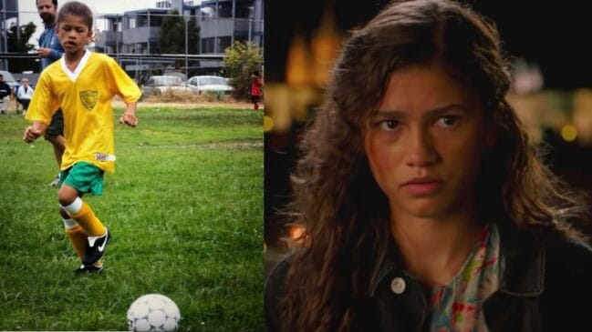 Zendaya jogando futebol criança e atuando em Homem-Aranha