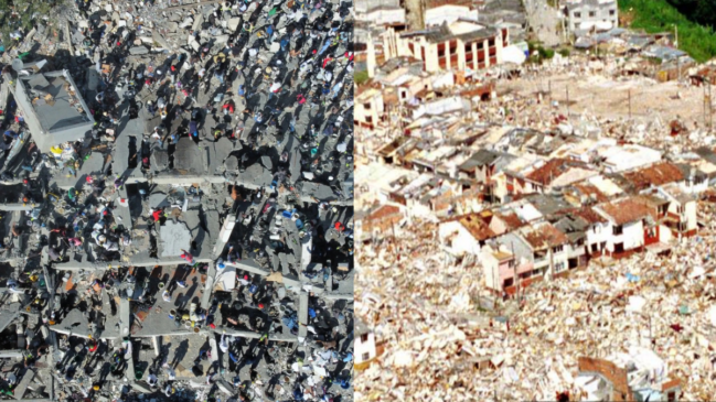 Legenda: Imagens aéreas mostram as buscas nos escombros em Cali, em 2026, e a destruição deixada pelo terremoto de Armenia, em 1999. (Foto: Divulgação/Raquel Cunha e Javier Casella)