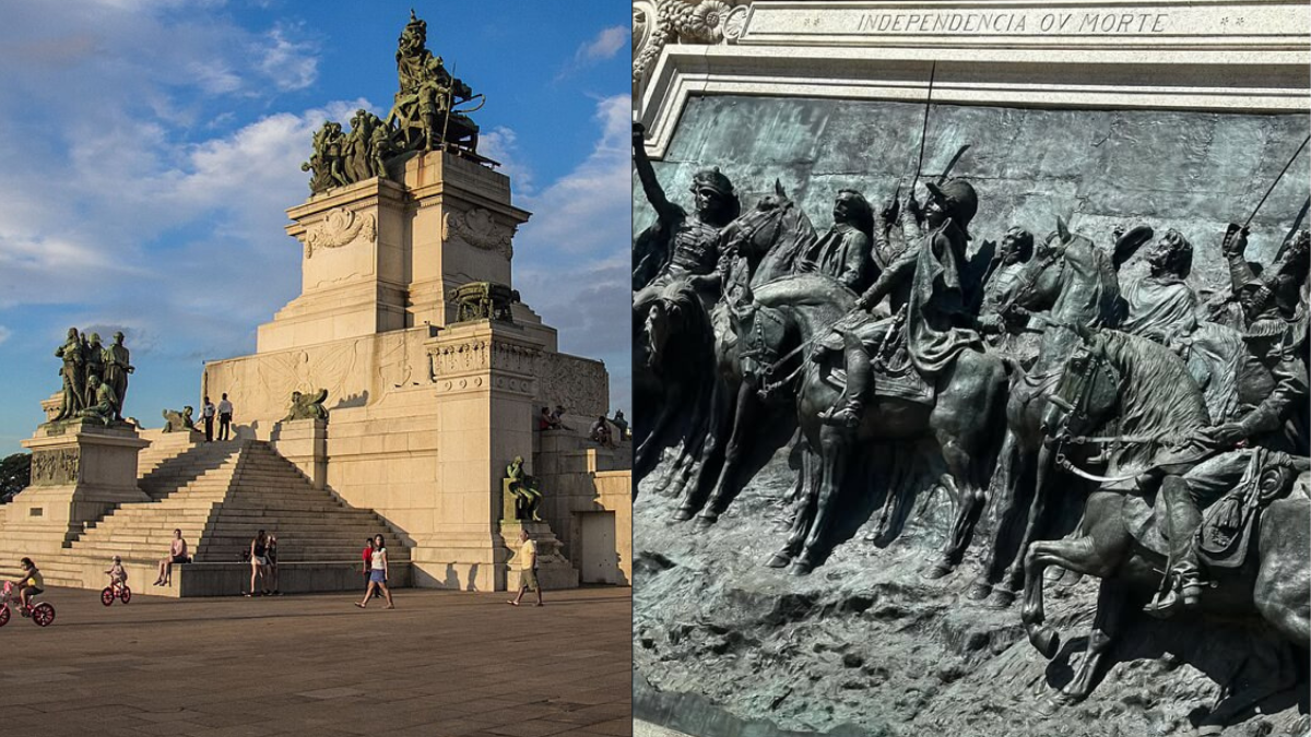 Monumento à Independência do Brasil, à esquerda, e detalhe do painel de bronze que representa o Grito do Ipiranga, à direita (Fotos: Luiz Coelho/Wikimedia Commons/Jean Lindemute)