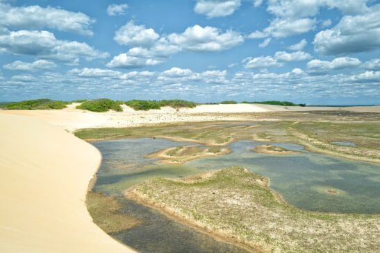 Dunas e água dividem a paisagem de Tatajuba, comunidade que precisou mudar de lugar após o avanço da areia (Foto: Otávio Nogueira/Wikimedia Commons)