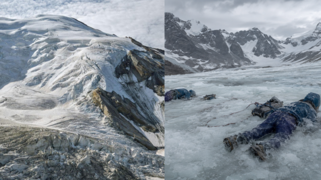 O degelo pode expor corpos e equipamentos preservados durante décadas em regiões glaciais (Montagem: fotografia de arquivo e ilustração gerada por IA)