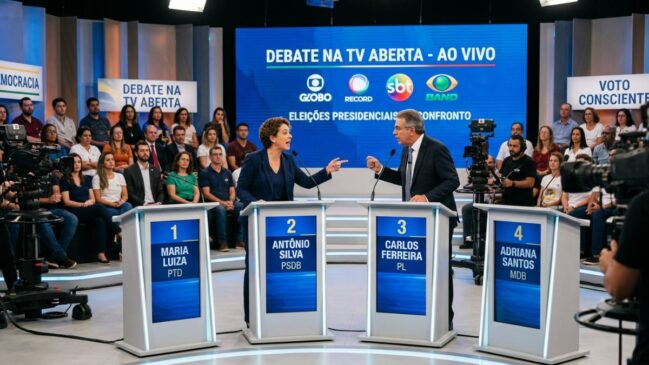 O arremesso de uma cadeira em um debate paulista expôs a troca de propostas pelo confronto físico, exigindo reforço na segurança das emissoras e desafiando a Justiça Eleitoral / Ilustração/IA