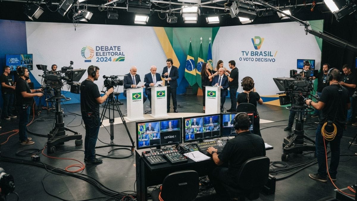 Debates televisivos exigem semanas de planejamento estratégico e treinamentos rigorosos de comunicação nos bastidores. / Ilustração, IA