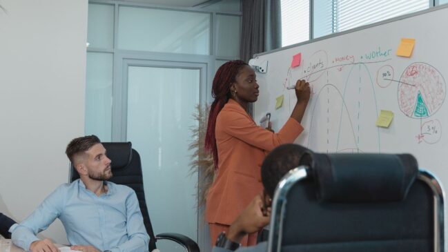 Grupo de executivos reunido em uma sala enquanto alguns participantes escrevem em um quadro branco.