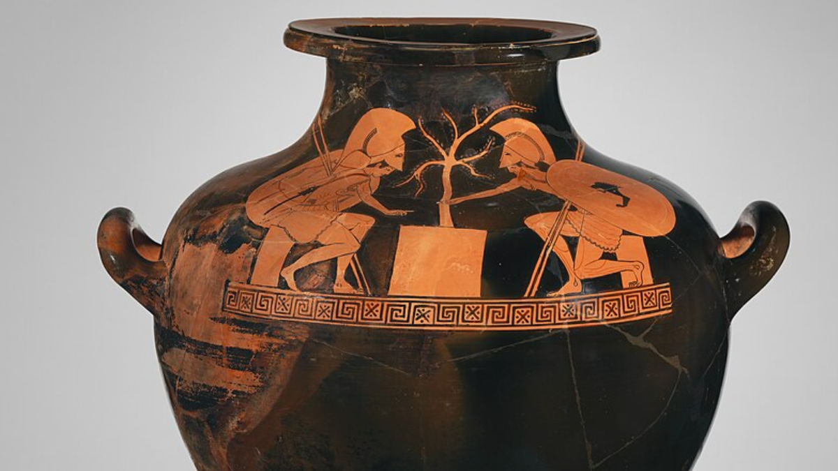Aquiles é o grande personagem da Ilíada. Neste vaso grego de cerca de 490 a.C., aparece ao lado de Ájax, outro guerreiro de Troia (Foto: Metropolitan Museum of Art / Wikimedia Commons)