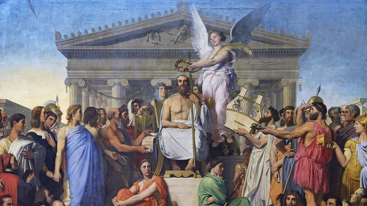 Em 1827, Ingres colocou Homero no centro do cânone ocidental, cercado por nomes como Virgílio, Dante, Shakespeare, Rafael e Michelangelo (Foto: Jean-Auguste-Dominique Ingres / Louvre / Wikimedia Commons)