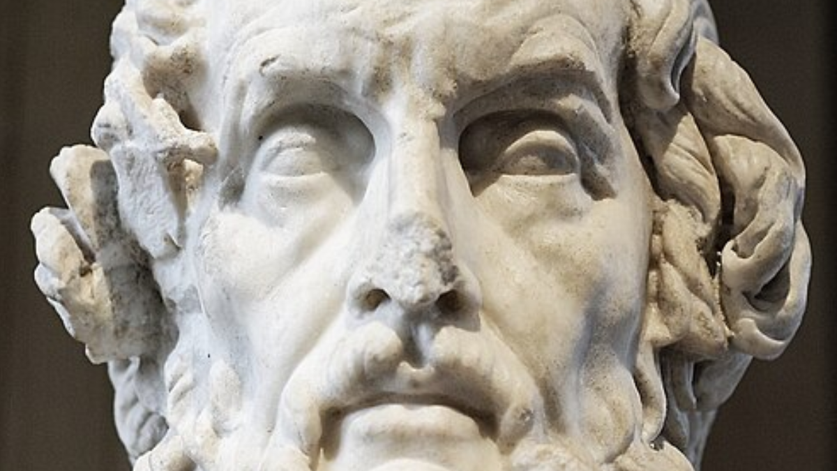 Este rosto não foi feito diante de Homero: o busto é uma cópia romana de um retrato helenístico e mostra como gerações posteriores imaginaram o poeta. (Foto: Marie-Lan Nguyen / Wikimedia Commons)