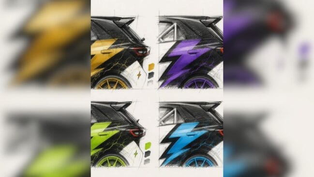 Prancha de croquis de design automotivo dividida em quatro quadros em fundo claro. Cada ilustração exibe a lateral traseira e a coluna C de um carro hatchback compacto com aerofólio destacado e um gráfico em formato de raio elétrico na porta e para-lama. No lado esquerdo, os dois desenhos apresentam raios em amarelo e verde-limão, com rodas combinando e detalhes de raios no para-choque traseiro. No lado direito, os dois desenhos exibem raios em roxo e azul, com rodas na mesma tonalidade e uma gaiola de proteção tubular (roll cage) de competição visível no interior através dos vidros