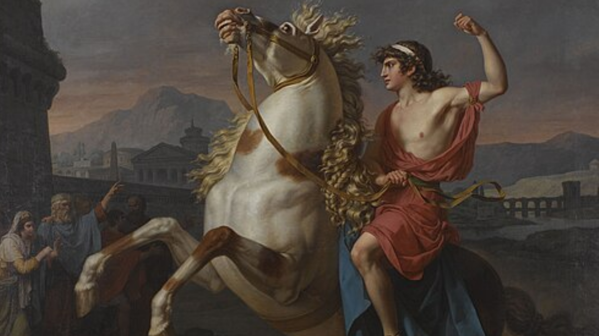 Por volta dos 12 anos, Alexandre teria conseguido domar Bucéfalo, cavalo considerado incontrolável, uma das histórias mais famosas da sua juventude (Foto: Nicolas-André Monsiau / Wikimedia Commons)