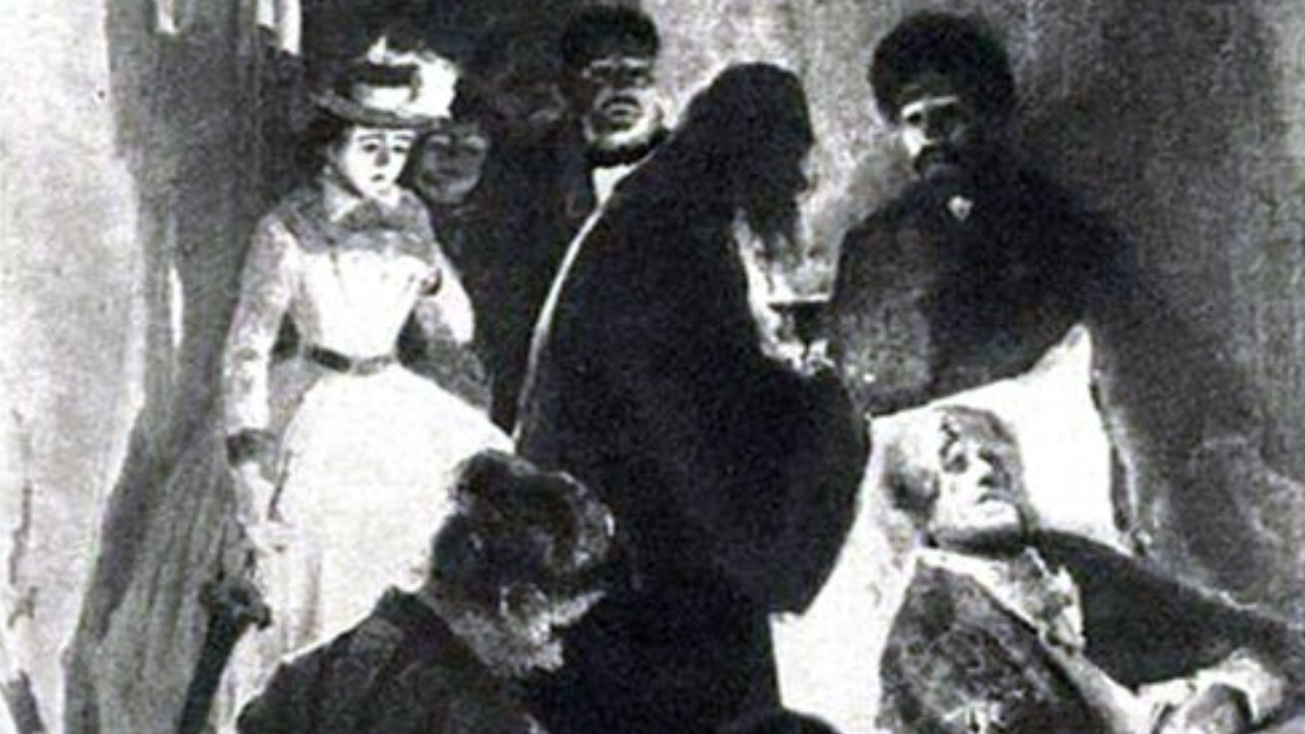Depois, Sônia aparece diante do pai à beira da morte. A jovem que conhece pobreza e sofrimento se tornará justamente o principal vínculo de Raskólnikov (Foto: Igor Grabar / Wikimedia Commons)