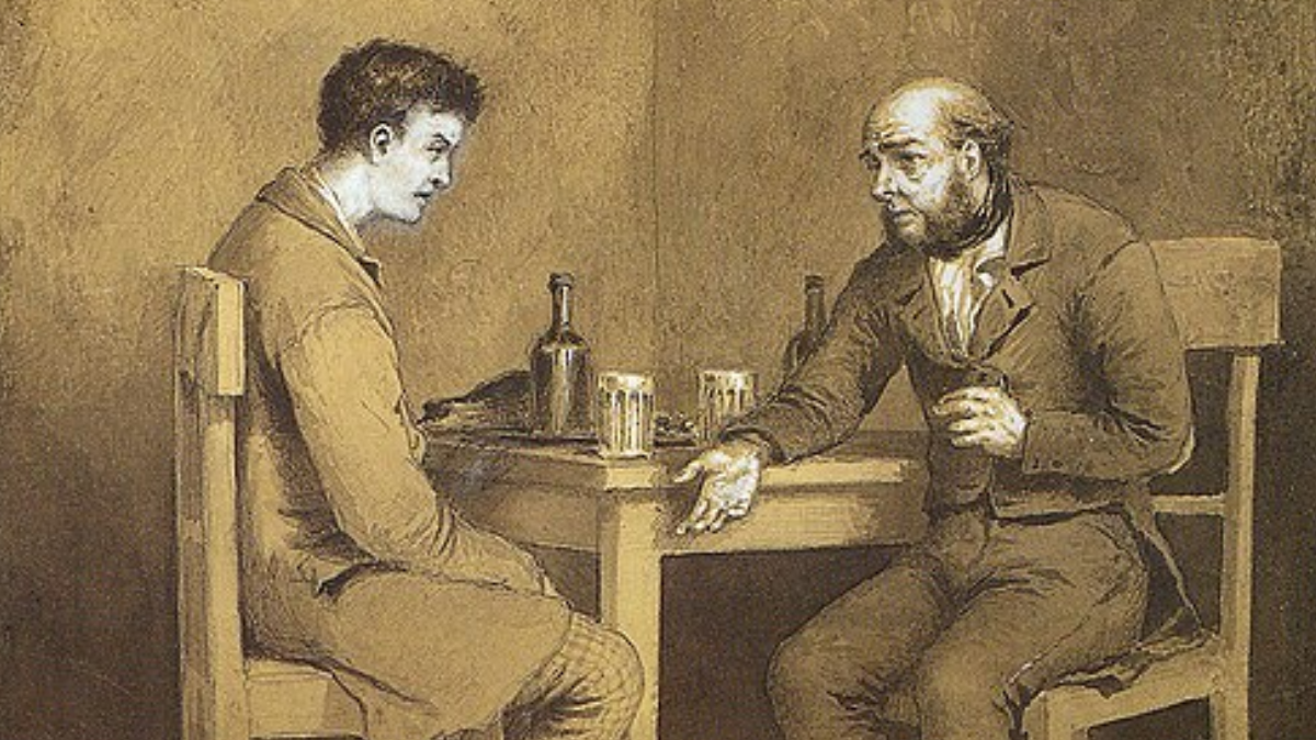 Raskólnikov conhece Marmeládov em uma taberna e, pela história do homem, descobre a existência de Sônia. Assim começa uma ligação decisiva no romance (Foto: Mikhail Klodt / Wikimedia Commons)