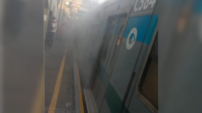 otografia em ângulo oblíquo tirada na plataforma de uma estação de trem, mostrando a lateral de um vagão da ViaMobilidade (identificado pelo código C564) envolto em uma densa nuvem de fumaça branca. O trem possui pintura cinza e turquesa. No chão da plataforma, veem-se as faixas amarelas de sinalização de segurança de borda. Ao fundo, passageiros observam a cena através da névoa de fumaça.