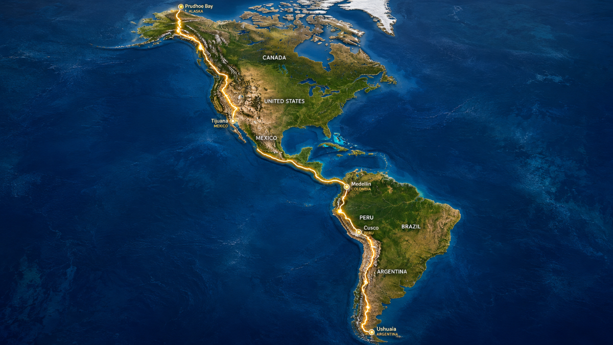 Mapa mostra a rota percorrida por George Meegan durante os 30.608 quilômetros entre o extremo sul da Argentina e o Alasca (Foto: Imagem gerada por IA)