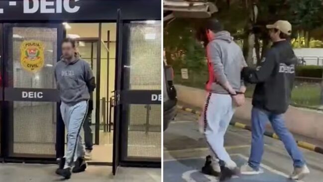 Composição em dois quadros verticais mostrando a condução de um homem preso na sede do DEIC. No quadro da esquerda, o suspeito, vestindo casaco de moletom cinza com a palavra "Diesel", calça de moletom clara e com o rosto desfocado por efeito de edição, caminha algemado com as mãos para trás ao sair pelas portas de vidro da instituição, onde se lê o brasão da Polícia Civil e a sigla "DEIC".