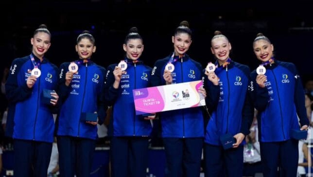 Equipe de ginástica rítmica do Brasil levou bronze nos jogos olímpicos de Lós Angeles /Reprodução/Melogym/CBG