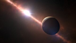 Representação artística do sistema Beta Pictoris, com o planeta gigante e o material que circunda a jovem estrela. (Foto: Reprodução/NASA/ESA/CSA/STScI/Ralf Crawford)