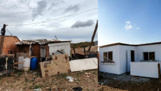 Comparação mostra a antiga residência da família e a casa construída pelo projeto na comunidade de Carapicuíba. (Foto: Reprodução/TETO Brasil)