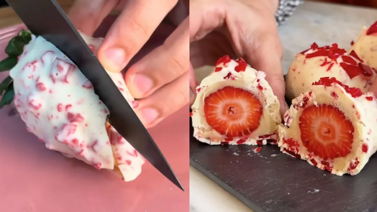 Doce viral nas redes sociais, o morango cravejado chama atenção pela cobertura vermelha e pelo recheio cremoso (Reprodução: TikTok/ Julio Cepe/ Ju Ferraz)