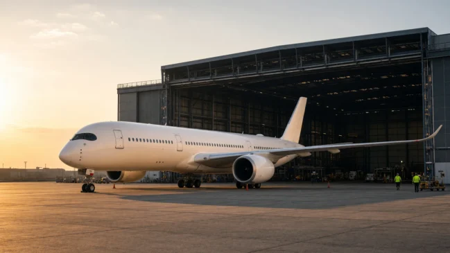 Vista frontal e lateral limpa do jato A350-1000ULR centralizado em enquadramento 16:9, hangar ao fundo, luz dourada, sem marcações gráficas.