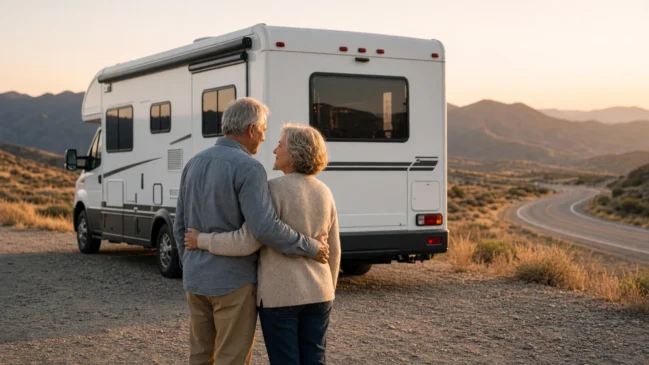 Imagem limpa em formato 16:9 com o casal e o motorhome centralizados, luz dourada de fim de tarde, estrada e horizonte ao fundo sem elementos gráficos adicionais.