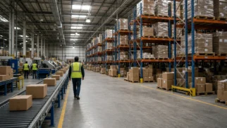 Interior de centro de distribuição com esteiras e volumes sob iluminação industrial