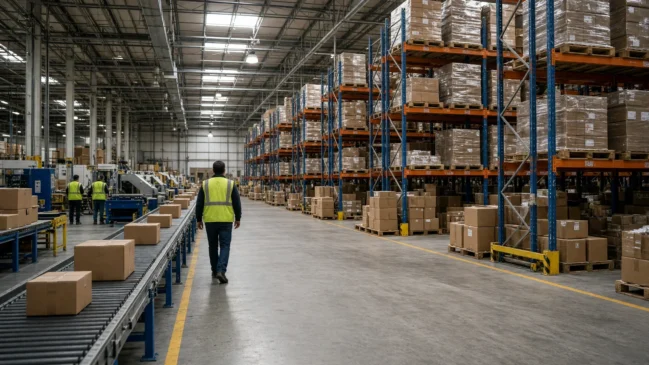 Interior de centro de distribuição com esteiras e volumes sob iluminação industrial