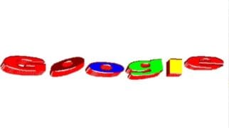 Ilustração do primeiro logótipo tridimensional e estilizado do Google sobre fundo branco, exibindo letras em bloco 3D nas cores vermelho, azul, verde e amarelo
