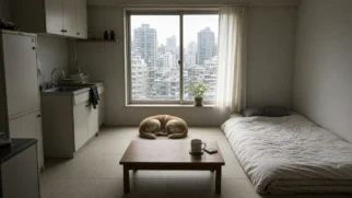 Sala compacta de apartamento com cão de porte médio no centro do cômodo