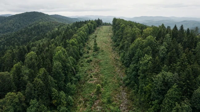 Faixa de servidão da Mountain Valley Pipeline cortando fazenda familiar em Bent Mountain, Virgínia